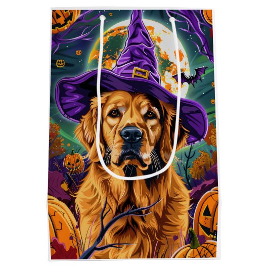 Spooky Golden Retriever Halloween Witch Pumpkin Medium Cadeauzakje (Achterkant)