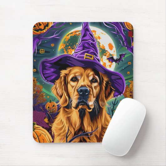 Spooky Golden Retriever Halloween Witch Pumpkin Muismat (Met muis)