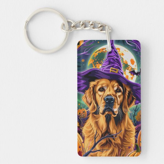 Spooky Golden Retriever Halloween Witch Pumpkin Sleutelhanger (Voorkant)