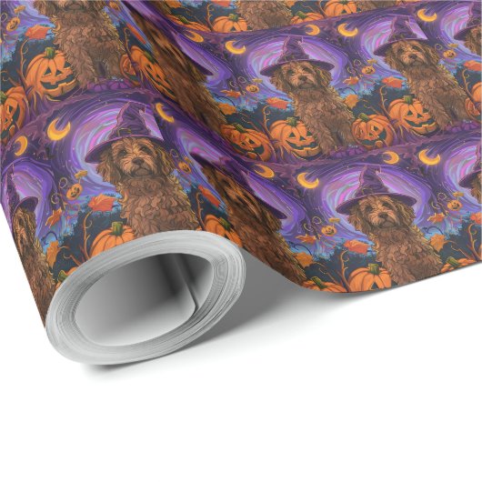 Spooky Goldendoodle Hond Halloween Heksenpompoen Cadeaupapier (Rol Hoek)