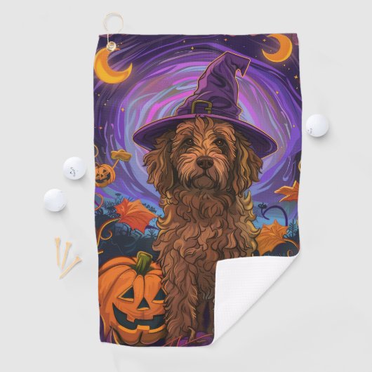 Spooky Goldendoodle Hond Halloween Heksenpompoen Golfhanddoek (Insitu)