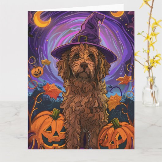 Spooky Goldendoodle Hond Halloween Heksenpompoen Kaart (Gele Bloem)