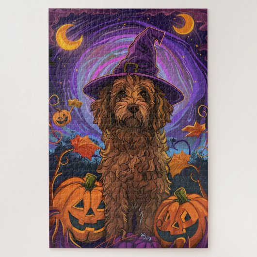 Spooky Goldendoodle Hond Halloween Heksenpompoen Legpuzzel (Verticaal)