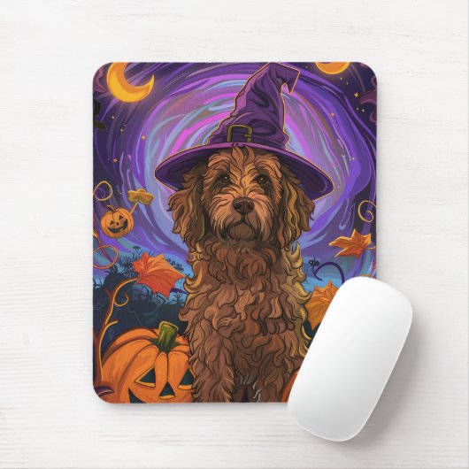 Spooky Goldendoodle Hond Halloween Heksenpompoen Muismat (Met muis)