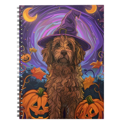 Spooky Goldendoodle Hond Halloween Heksenpompoen Notitieboek (Voorkant)