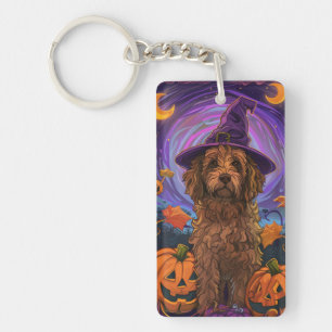 Spooky Goldendoodle Hond Halloween Heksenpompoen Sleutelhanger