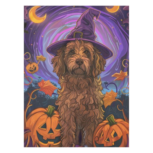 Spooky Goldendoodle Hond Halloween Heksenpompoen Tafelkleed (Voorkant)