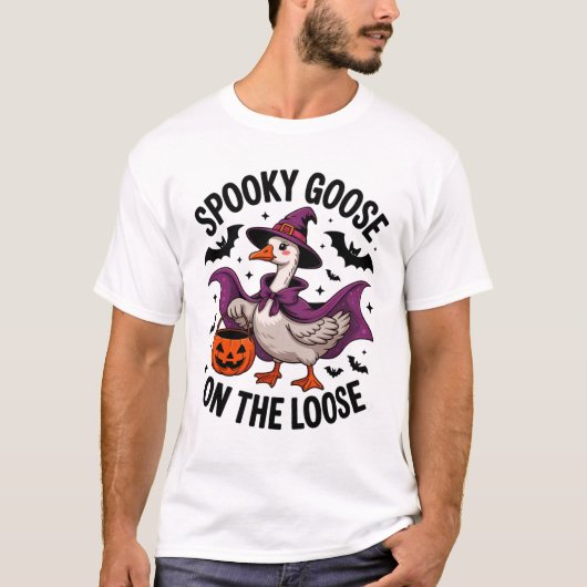 Spooky Goose op de Losse Heks Pet en Pompoen T-shirt (Voorkant)
