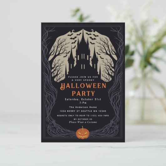 Spooky Gothic Castle Halloween Party Kaart (Staand voorkant)