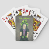 Spooky Gothic Girl Groen Pet Zwart Jurk Grijs Pokerkaarten (Achterkant)