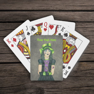Spooky Gothic Girl Groen Pet Zwart Jurk Grijs Pokerkaarten