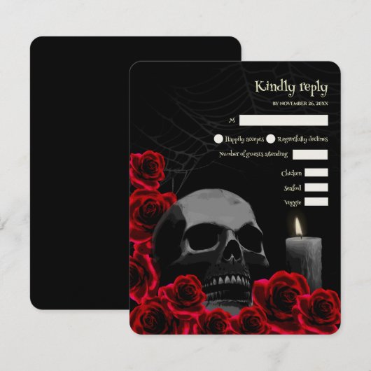 Spooky Gothic Halloween Wedding RSVP met Rode Roos (Voorkant / Achterkant)