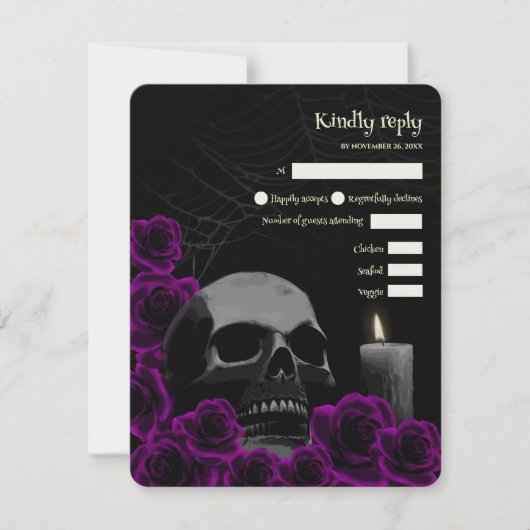 Spooky Gothic Halloween Wedding RSVP Paarse Roos (Voorkant)