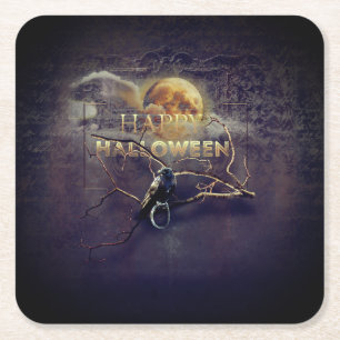 Spooky Gothic Raven In Volle Maan Volwassen Hallow Kartonnen Onderzetters