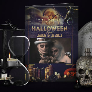 Spooky Gothic Raven Volle Maan Foto Halloween Kaar Bedankkaart