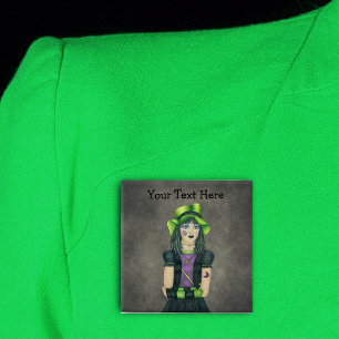 Spooky Gothic Teen Girl Green Pet Tattoos Grijs Vierkante Button 5,1 Cm