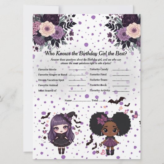 Spooky Gothic Verjaardag meisje Trivia Game kaart (Voorkant)