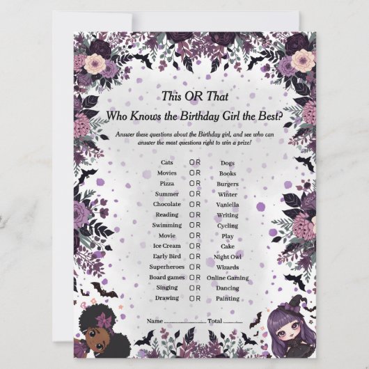 Spooky Gothic Verjaardagsmeisje Dit of Dat Spel ka Feestdagenkaart (Voorkant)