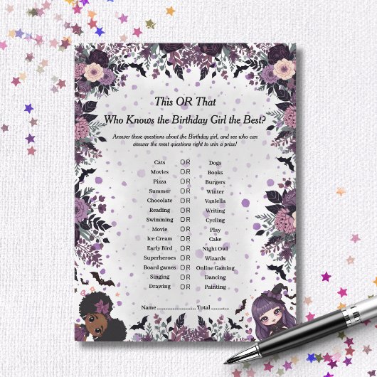 Spooky Gothic Verjaardagsmeisje Dit of Dat Spel ka Feestdagenkaart