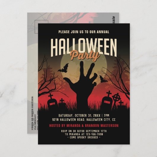 Spooky Graveyard, Full Moon Halloween Party Uitnod Briefkaart (Voorkant / Achterkant)