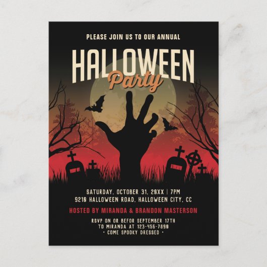 Spooky Graveyard, Full Moon Halloween Party Uitnod Briefkaart (Voorkant)