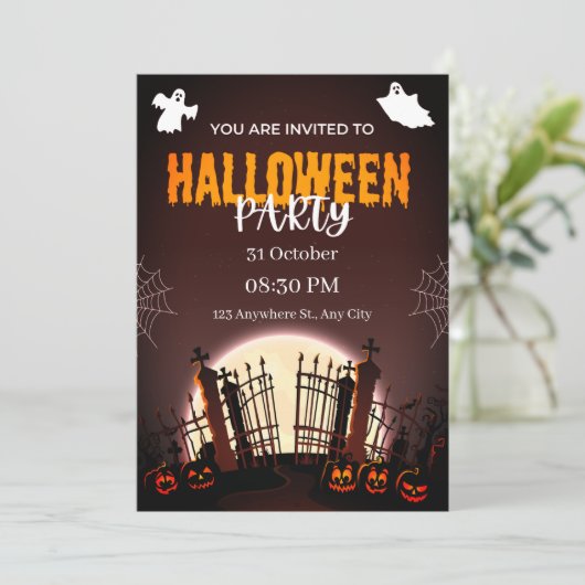 Spooky Graveyard Ghosts & Pumpkins Halloween Party Kaart (Staand voorkant)