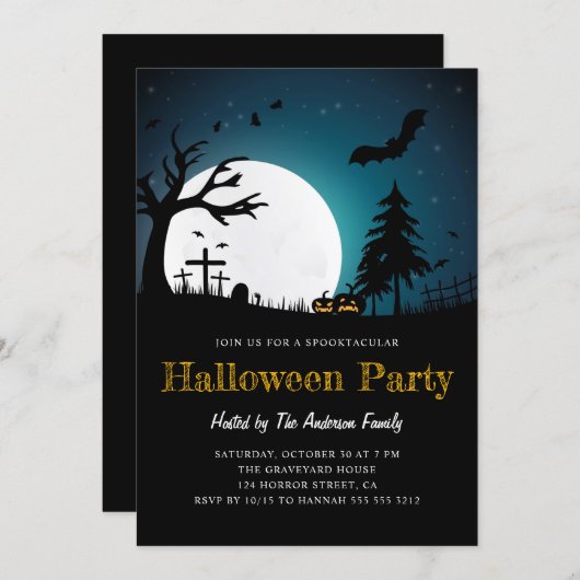 Spooky Graveyard Midnight Halloween Party Invitati Kaart (Voorkant / Achterkant)