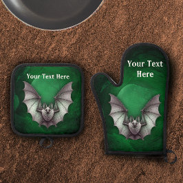 Spooky Gray Flying Bat Glowing Green Cave Ovenwant & Pannenlap Set