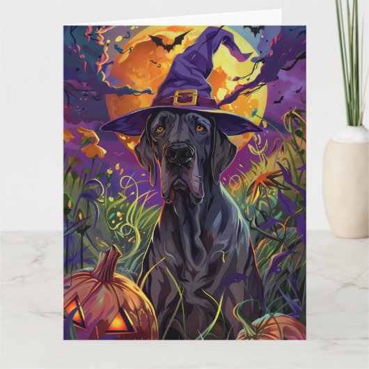 Spooky Great Dane Dog Halloween Witch Pumpkin Kaart (Voorkant)