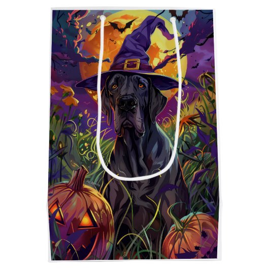 Spooky Great Dane Dog Halloween Witch Pumpkin Medium Cadeauzakje (Achterkant)
