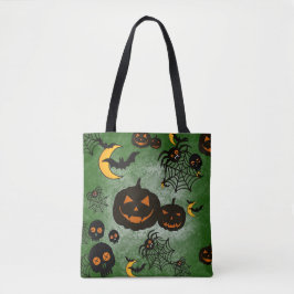 SPOOKY GREEN HALLOWEEN PUMPKINS MOONS BATS TOTE BAG