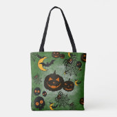 SPOOKY GREEN HALLOWEEN PUMPKINS MOONS BATS TOTE BAG (Achterkant)