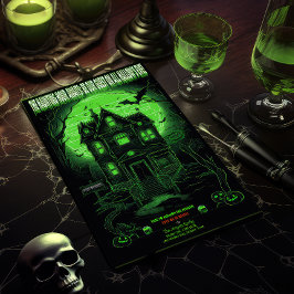 Spooky Green Haunted Mansion Halloween Party Kaart