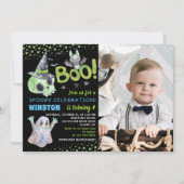 Spooky Green Skull Boy Halloween Birthday Foto Kaart (Voorkant)