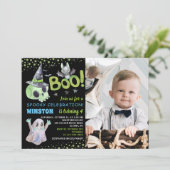 Spooky Green Skull Boy Halloween Birthday Foto Kaart (Staand voorkant)