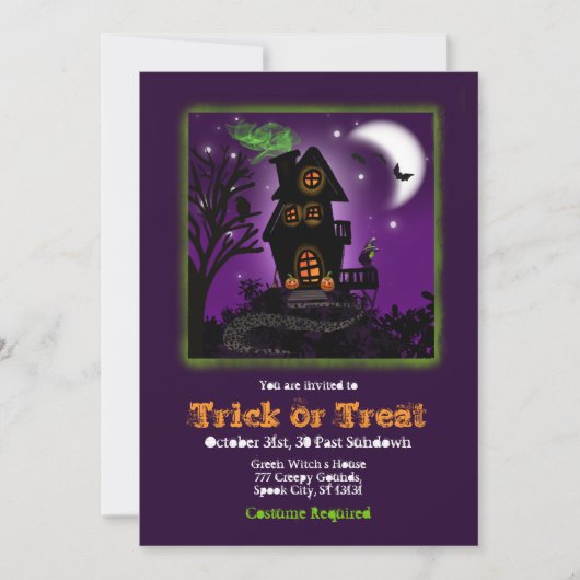 Spooky Green Witch Haunted House Halloween Party Kaart (Voorkant)