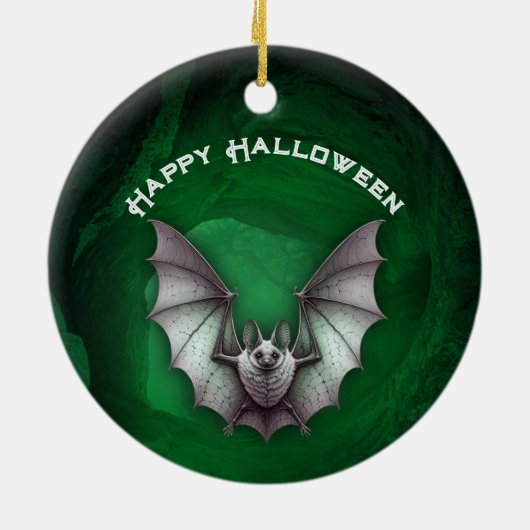Spooky Grey Bat in Flight Green Haunted Cave Keramisch Ornament (Achterkant)