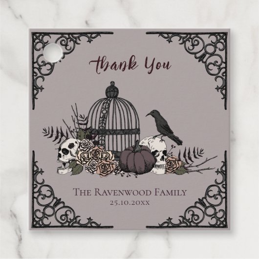 Spooky Grey Gothic Schedel en Rozen Dank u Bedankjes Labels (Voorkant)