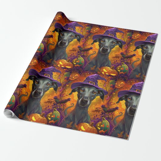 Spooky Greyhound Hond Halloween Heks en Pompoen Cadeaupapier (Uitgerold)