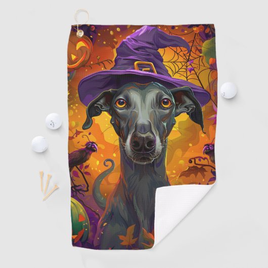 Spooky Greyhound Hond Halloween Heks en Pompoen Golfhanddoek (Insitu)