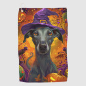 Spooky Greyhound Hond Halloween Heks en Pompoen Golfhanddoek (Voorkant)
