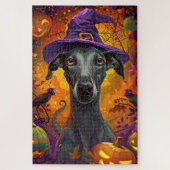 Spooky Greyhound Hond Halloween Heks en Pompoen Legpuzzel (Verticaal)