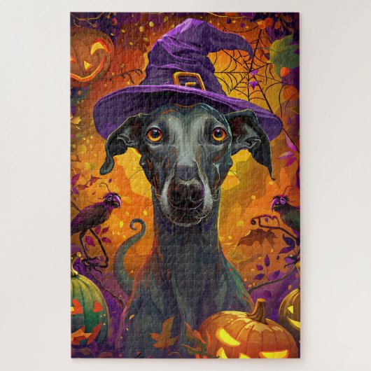 Spooky Greyhound Hond Halloween Heks en Pompoen Legpuzzel (Verticaal)