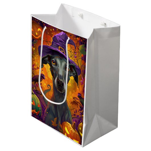 Spooky Greyhound Hond Halloween Heks en Pompoen Medium Cadeauzakje (Voorkant Gekanteld)