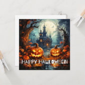 Spooky griezelig kasteel gelukkig Halloween Kaart (Voorkant / Achterkant in situ)