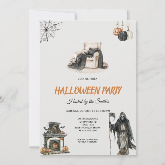 Spooky Grim Reaper en Pumpkin Halloween Party Kaart (Voorkant)