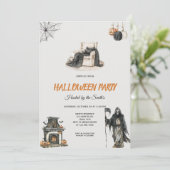 Spooky Grim Reaper en Pumpkin Halloween Party Kaart (Staand voorkant)