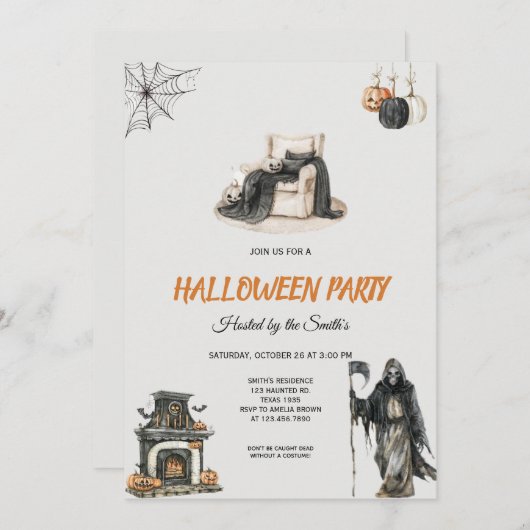 Spooky Grim Reaper en Pumpkin Halloween Party Kaart (Voorkant / Achterkant)