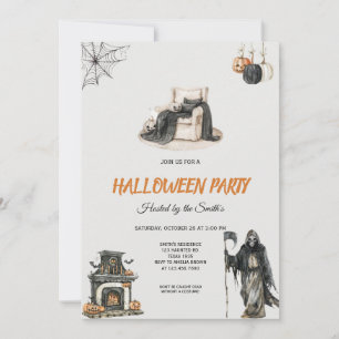 Spooky Grim Reaper en Pumpkin Halloween Party Kaart
