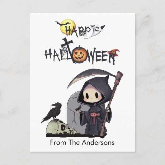 Spooky Grim Reaper Graveyard Crow Gothic Halloween Briefkaart (Voorkant)